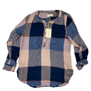 Small Blue Plaid Long Sleeve Tunic Blouse Top